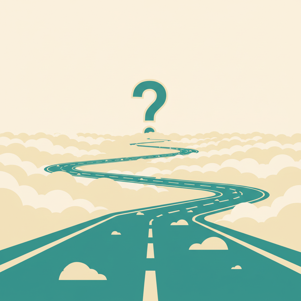 Illustration of a timeline with a question mark at the far end, representing unknown long-term effects