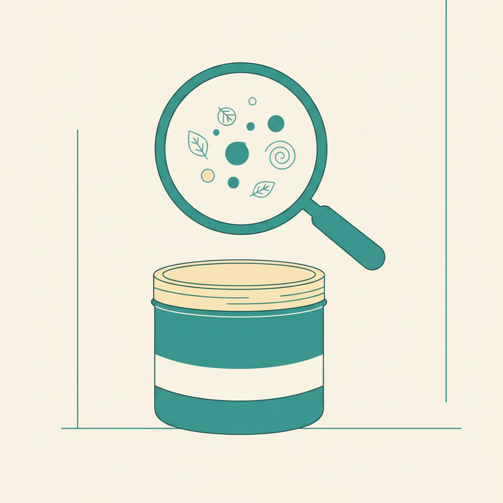 Illustration of a magnifying glass over a pouch, representing an ingredients breakdown