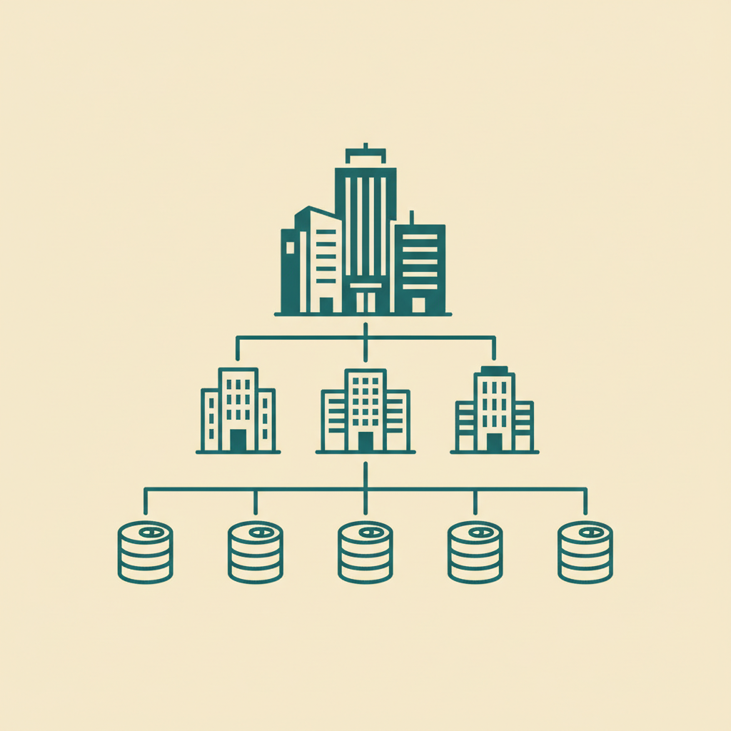 Illustration of a corporate ownership tree connecting several product tins to parent company icons
